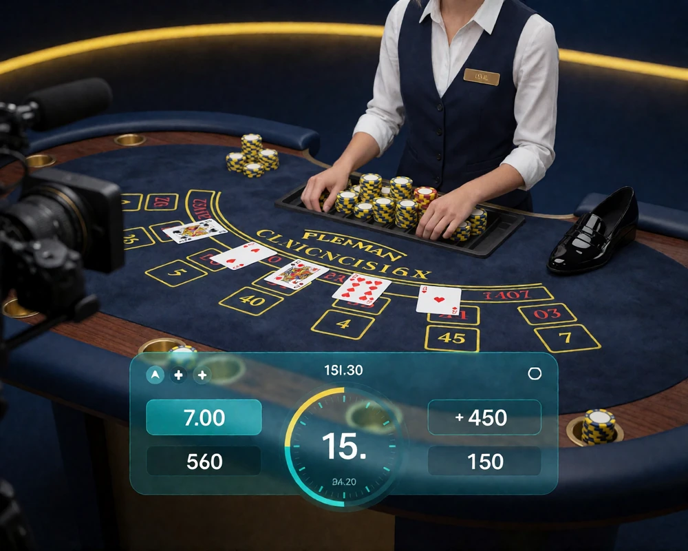 Live-Studio von BetScore mit Kartentisch, Dealerposition, Kameraperspektive und eingeblendetem Wettfeld f&uuml;r das Live Casino
