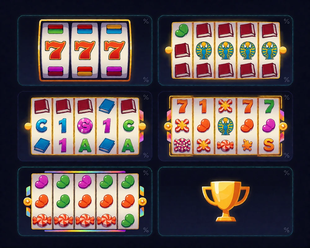 Rasteransicht von Slot-Kacheln mit klassischen, Megaways- und Jackpot-Layouts als &Uuml;bersicht der Spielautomaten bei BetScore Casino