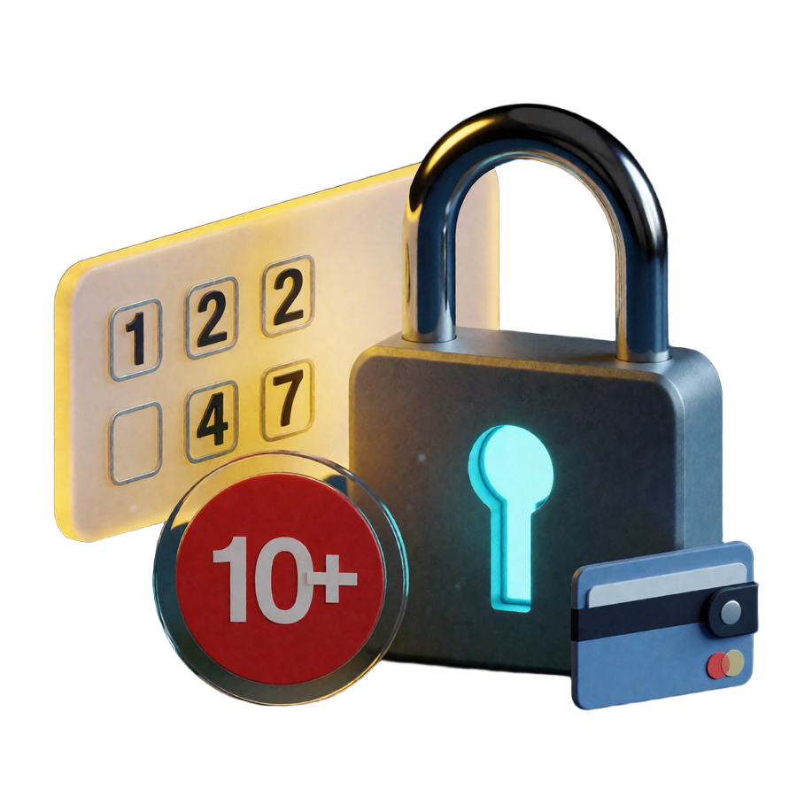 Schlosssymbol, 2FA-Codefeld, 18+-Marker und Zahlungs-Icons als Sicherheitsmerkmale von BetScore Casino