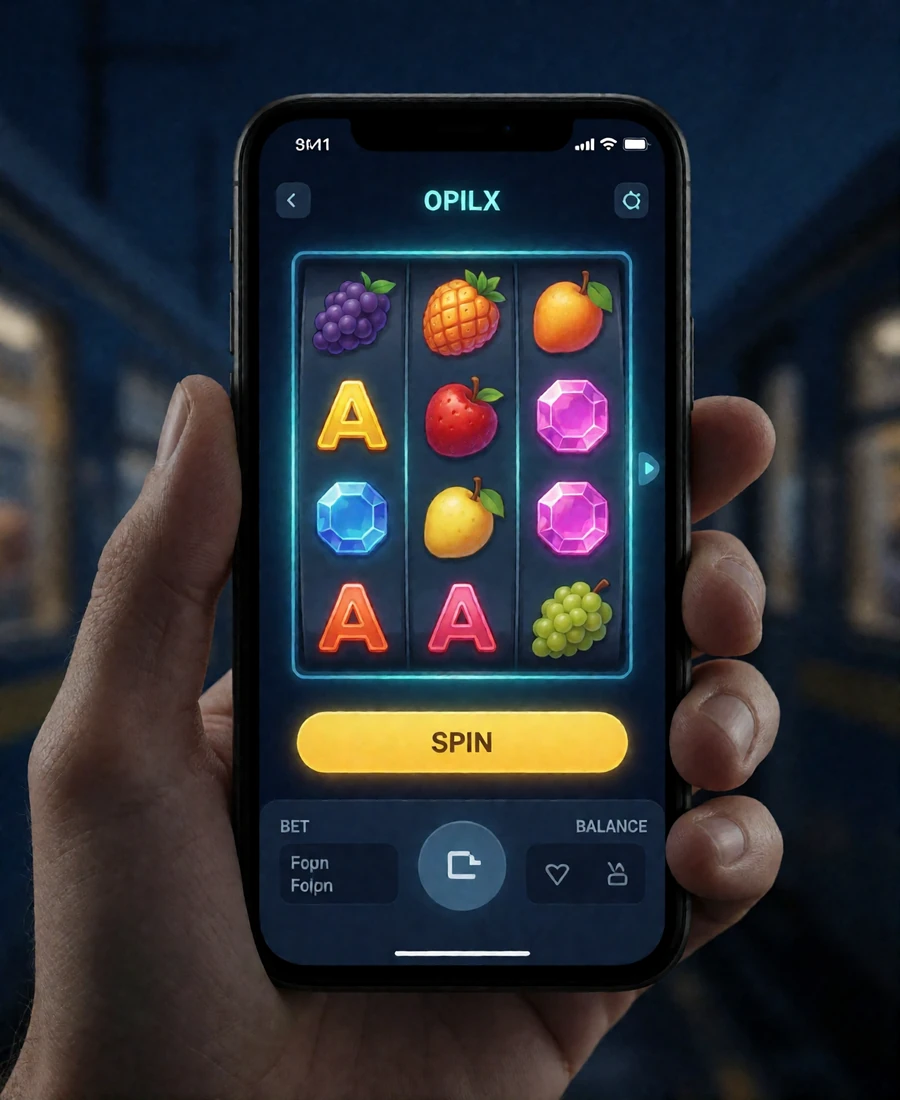 Smartphone im Hochformat zeigt einen Slot mit Bedienleiste und Spin-Button als Beleg f&uuml;r App-freies Spiel im mobilen Browser