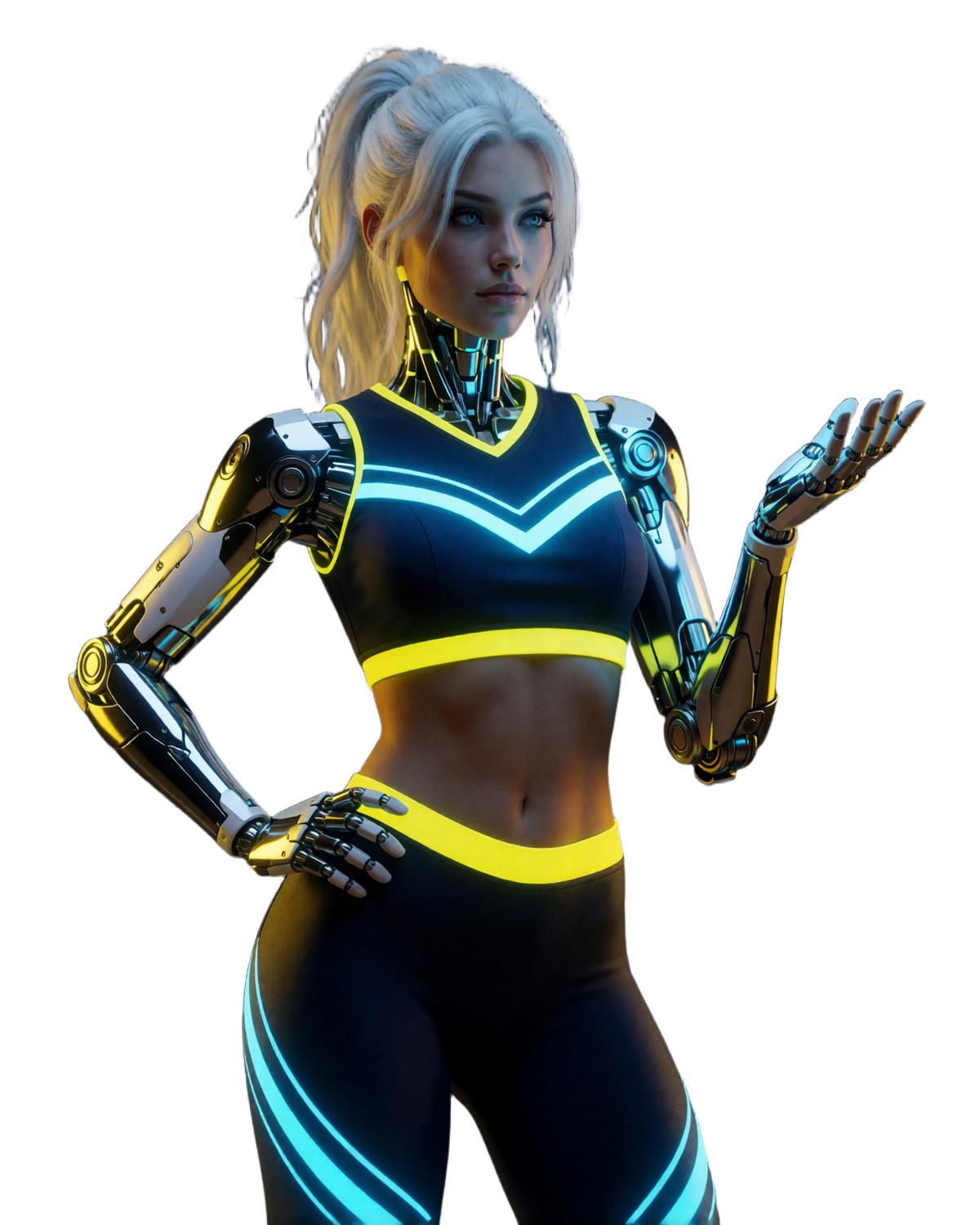 Cyborg-Cheerleaderin im neongestreiften NFL-Trikot mit holografischem Football als Markenmotiv von BetScore Casino