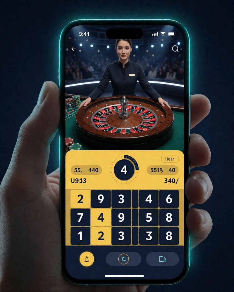 Smartphone im Hochformat zeigt einen Live-Roulette-Stream mit Wettfeld unter dem Videobild im mobilen Live Casino von BetScore