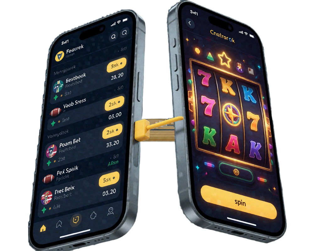 Zwei Smartphones zeigen Wettquoten und Slot-Walzen von BetScore Casino als Beleg f&uuml;r Sportwetten und Casino in einem Konto